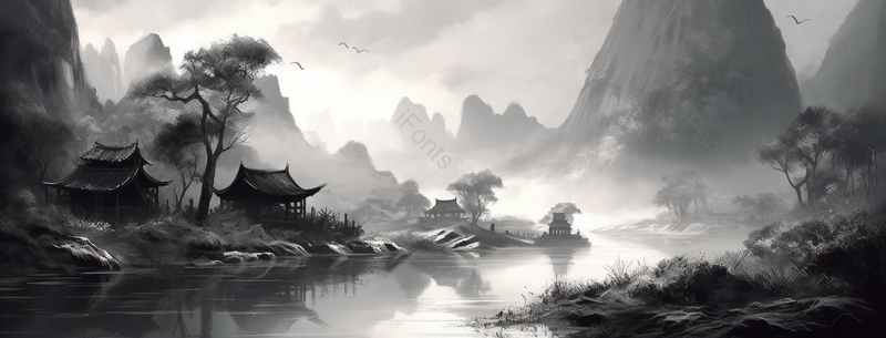 山水河流复古风意境自然景观中式风水墨画,插画/手绘图,插画/手绘图库,插画/手绘图下载,插画/手绘